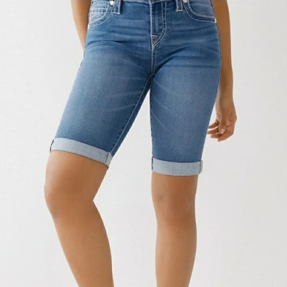 True Religion Womens Riley Denim Knee Short Rolled Hem Medium Blue Size 27